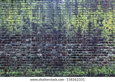 the background of the old red brick wall covered with moss and mold