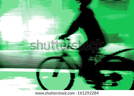 cyclist in traffic on the city roadway  motion blur and emerald tonality