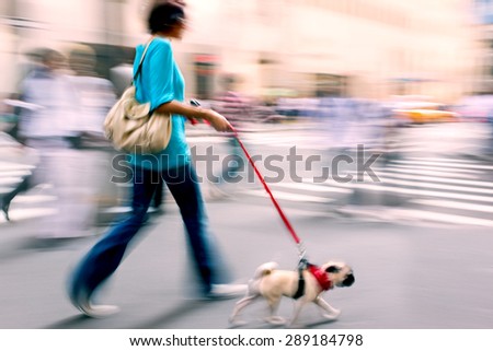 walking the dog on the street in motion blur  using filter