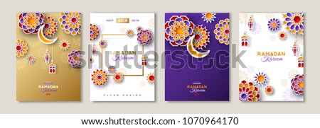 Ramadan Kareem set of posters or invitations design with 3d paper cut islamic lanterns, stars and moon on gold and violet background. Vector illustration. Place for text. 