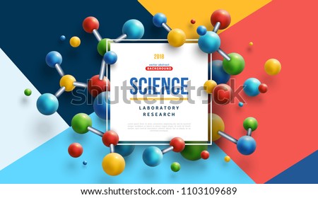 Science banner with square frame and colorful 3d molecules on modern geometric background. Vector illustration.