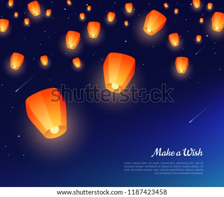 Orange paper lanterns floating at night in starry sky. Vector illustration. Traditional design elements for Chinese New Year or Mid Autumn Festival.