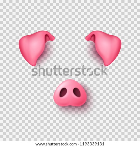 Realistic 3d pig nose and ears for funny 2019 New Year selfie. Vector Illustration. Smartphone photobooth mask app, photo props overlay design.
