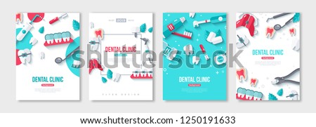 Dentistry posters set with Flat Icons on Blue and White Background. Vector illustration. Dental Concept Frame. Healthy Clean Teeth. Dentist Tools and Equipment.