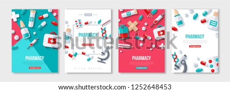 Pharmacy Posters Set With Flat Icons. Vector illustration for medical or healthcare presentation, document cover and layout template design. Drugs and Pills, Lab Tests, Medication Concept