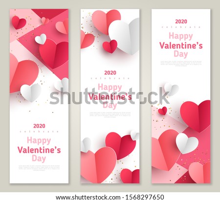 Valentine's day concept, vertical banners set. Vector illustration. 3d red and pink paper hearts frame. Cute love sale banner or greeting card