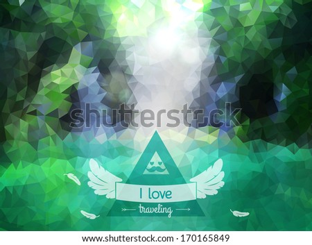 Vector green landscape with hipster badge. Lake view. Waterfall. Retro label design with wings and ribbon. Retro backdrop. Maritime. Vector waterfall. Low-poly colorful style.
