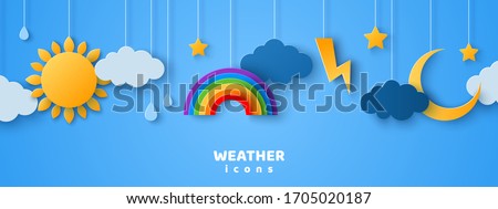Set of cartoon paper cut weather icons on blue sky background. Vector illustration. Sun in clouds, rain drops, lightning and thunder, crescent moon with stars. Cute design for kids