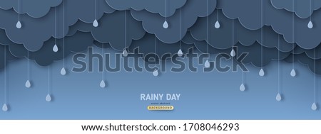 Overcast sky with rain drops in paper cut style. Vector illustration. Rainy day concept with dark clouds.