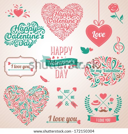Happy valentines day and weeding design elements. Vector illustration. Typographical Background With Ornaments, Hearts, Ribbon and Arrow. Doodles and curls.