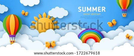 Beautiful fluffy clouds on blue sky background with summer sun, butterfly, hot air balloons and rainbow. Vector illustration. Paper cut style. Place for text