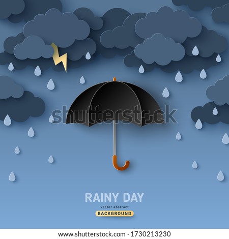 Classic elegant opened black umbrella in paper cut style. Vector illustration. Overcast sky, thunder and lightning. Rainy day monsoon concept with dark clouds.