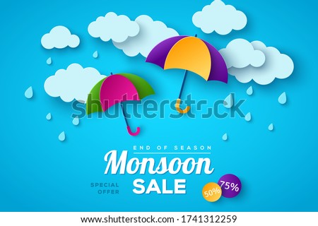 Monsoon sale offer banner template with paper cut clouds and colorful umbrella on blue background. Vector illustration. Place for text. Overcast sky with rain