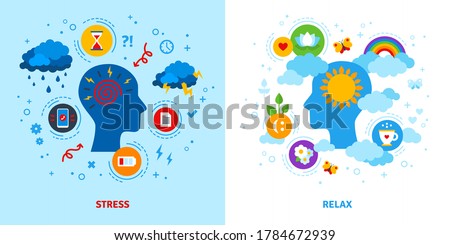 Mental stress and relax concept. Vector illustration. Anger, negative or positive mind, emotional triggers. Flat style icons.