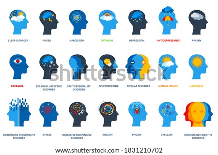 Set of psychological problems concept on white background. Mental disorders, illnesses and psychiatry. Human head flat icons. Depression, bipolar and ocd psychology logo.