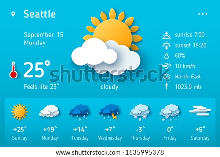 Weather forecast widget. Vector illustration. Daily weather forecast application template. Temperature, wind direction, atmosphere pressure, sunrise and sunset icons set. Paper cut climate signs