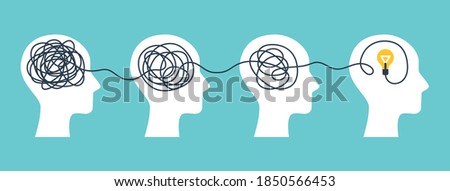 Psychotherapy Concept, brainstorming and mental problem solving. Vector illustration. Brains with tangled knot and order in one man's head. Simplifying the complex path. Light bulb idea and scribbles.