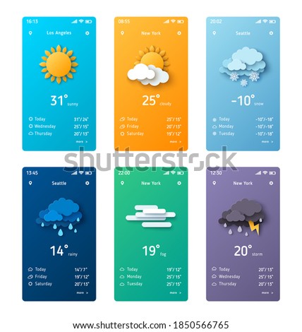 Weather forecast app widget set. Vector illustration. Daily application template with paper cut climate icons. Thunderstorm, rain, sunny day, fog and winter snow.