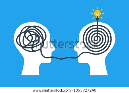 Concept of psychotherapy, brainstorming and mental problem solving. Vector illustration. Brain with tangled knot and order in man head. Simplifying the complex path. Light bulb idea and scribbles.