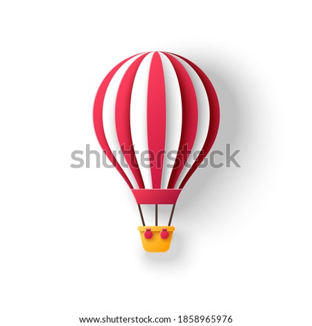 Hot air balloon in paper cut style with red stripes. Travel and explore 3d icon isolated on white background for kids birthday party design. Romantic adventure for honeymoon.