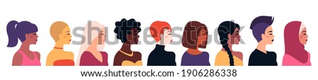 Female diverse faces, different ethnicity and hairstyle. Vector illustration, banner or poster. Woman empowerment movement. Happy International Women's day. Indian, african girls, muslim in hijab
