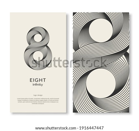 Business card template with eight logo and strip pattern. Vector illustration. Corporate icon minimal design, place for text. Trendy retro 3d graphic style. 8 geometric outline emblem, infinite lines