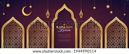 Ramadan Kareem concept banner with gold 3d frame, arab window on dark background with beautiful arabesque pattern. Vector illustration. Hanging golden arabian traditional lanterns, crescent and stars