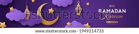 Ramadan Kareem Horizontal Sale Header or Voucher Template with Gold Moon, 3d Paper cut Clouds and Stars on Night Sky Violet Background. Vector illustration. Traditional Lanterns and Place for Text.