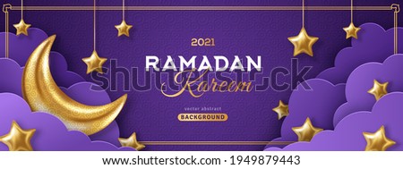 Ramadan Kareem Concept Banner or Voucher Template with 3d Gold Moon, Paper cut Clouds and Stars on Night Sky Violet Background. Vector illustration for greeting card, poster and flyer. Place for Text