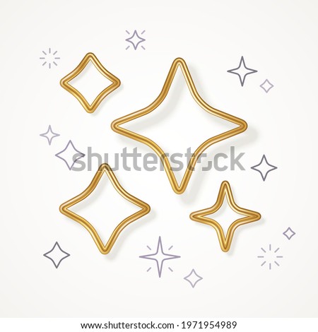 Set of realistic golden 3d and line flat four point stars isolated on white background. Vector illustration. 4 ray icon emblem for Happy New Year 2022, Merry Christmas badge design.