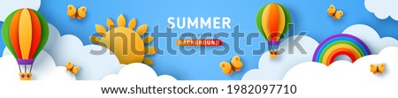 Beautiful summer scenery, fluffy clouds on blue sky background with sun, butterfly, hot air balloons and rainbow. Vector illustration. Paper cut style banner or header. Place for text