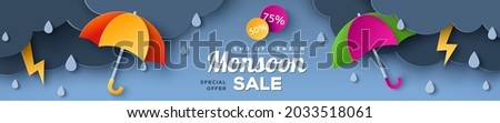 Monsoon sale offer banner template with paper cut clouds and colorful umbrella on blue background. Vector illustration. Place for text. Overcast sky with rain, thunderstorm, thunder and lightning.