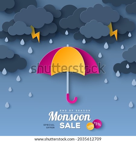 Opened pink and yellow umbrella in paper cut style. Vector illustration. Overcast sky, thunder and lightning. Rainy day monsoon sale offer banner template concept with dark clouds. Place for text.