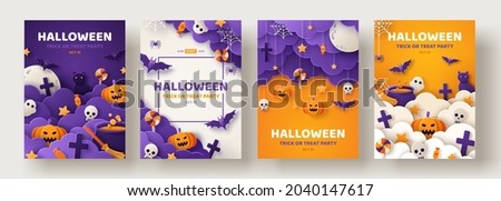 Happy Halloween party posters set with night clouds and pumpkins in paper cut style. Vector illustration. Full moon, witch cauldron, spiders web and flying bat. Place for text. Brochure background Сток-фото © 