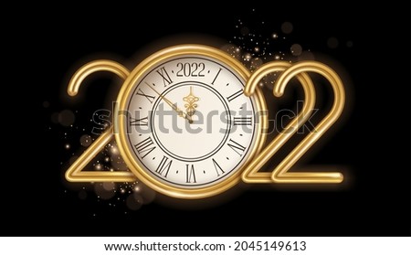 Gold Happy New Year 2022 logo with clock face and burst glitter sparkles on black background. Vector illustration. Merry Christmas template design for posters, flyers, brochures or vouchers