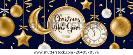 Merry Christmas and Happy New Year 2022 Banner with Hanging Golden Baubles and Circle Frame. Glitter Background with Confetti, Gold Moon and Stars. Vector illustration. Glowing Invitation Template.