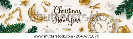 Merry Christmas and Happy New Year 2022 Banner with Xmas Tree Branches, Golden Baubles, Moon and Clock Bright Background. Vector illustration. Winter holiday template design, poster, flyer, voucher