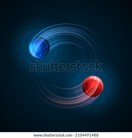 Red and blue particles collision. Vector illustration. Atom fusion, explosion concept. Abstract molecules impact. Atomic energy power blast, electrons protons collide. Yin yang balance science poster