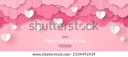 Happy Valentine's day sale header or voucher template with white hanging hearts. Poster or banner with pink paper cut clouds. Place for text. Stockfoto © 