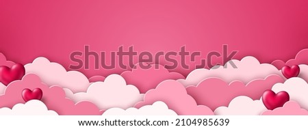 Happy Valentine's day blank background, beautiful paper cut clouds with 3d red hearts on pink background. Vector illustration. Papercut style. Place for text