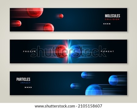 Red and blue particles collision, horizontal banners set. Vector illustration. Atom fusion, impact, explosion concept. Abstract molecules flowing towards on dark background.