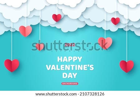 Poster or banner with blue sky and paper cut clouds. Place for text. Happy Valentine's day sale header or voucher template with hanging hearts. Foto d'archivio © 