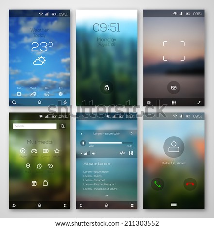 Mobile interface wallpaper design and icons. Vector illustration. Blurred landscapes. Weather, multimedia, player, call, camera interfaces.
