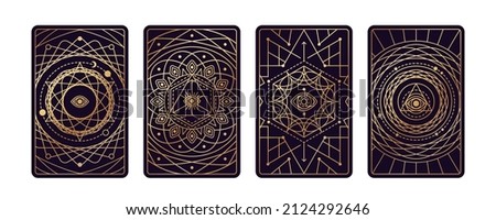 Magic tarot cards set with wheel of fortune and eye esoteric design. Vector illustration. Astrology or sacred geometry poster print. Occult pattern, mystic luxury boho style.