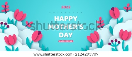 Horizontal banner with sky, flowers and paper cut clouds. Place for text. Happy Mother's day sale header or voucher template with tulips. Vector illustration, spring border frame, promo card.