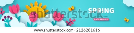 Spring sale header or voucher template, tulips and paper cut clouds. Horizontal banner with blue sky, sun, flowers. Place for text. Happy Women's day, 8 march or Mother's day border frame, promo card Foto d'archivio © 