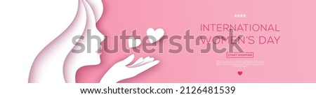 International Women's Day banner with paper cut woman face blowing kiss on pink background. 8 march vector illustration. Abstract girl portrait cutout, beauty spa salon header. Place for text