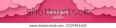 Pink romantic clouds, paper cut background. Cloudy rose sky, vector illustration. Cloudscape border frame. Place for text. Happy Valentine's day pastel header, baby girl dream magic fantasy banner