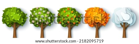 Four seasons tree isolated on white background, spring with flowers, green summer, yellow autumn, snow winter. Vector illustration. Paper cut cartoon style, nature and environment eco concept