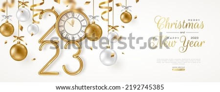 Merry Christmas and Happy New Year banner with hanging gold and white 3d baubles, confetti and 2023 numbers. Vector illustration. Winter holiday decorations, golden vintage clock. Place for text